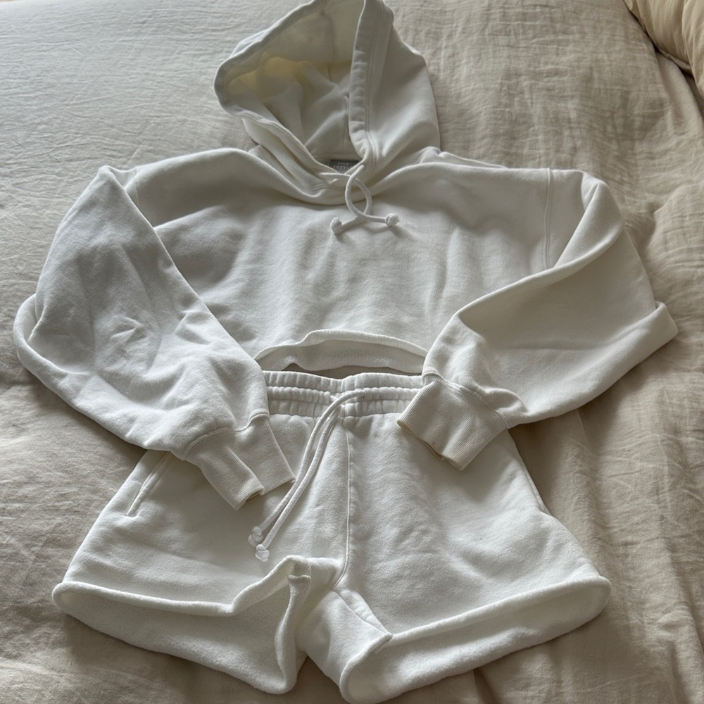 Aritzia White Cropped Hoodie & Drawstring Shorts Set